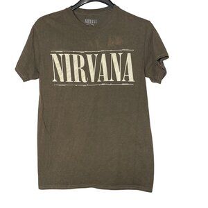 Nirvana Smiley Face Graphic T-Shirt Olive Green Sz SM Cotton